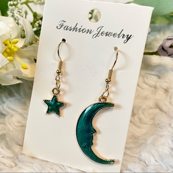 Celestial 💫 Earrings Moon Star Dangly Gold Green Blue Rich Iridescent - Picture 1 of 7